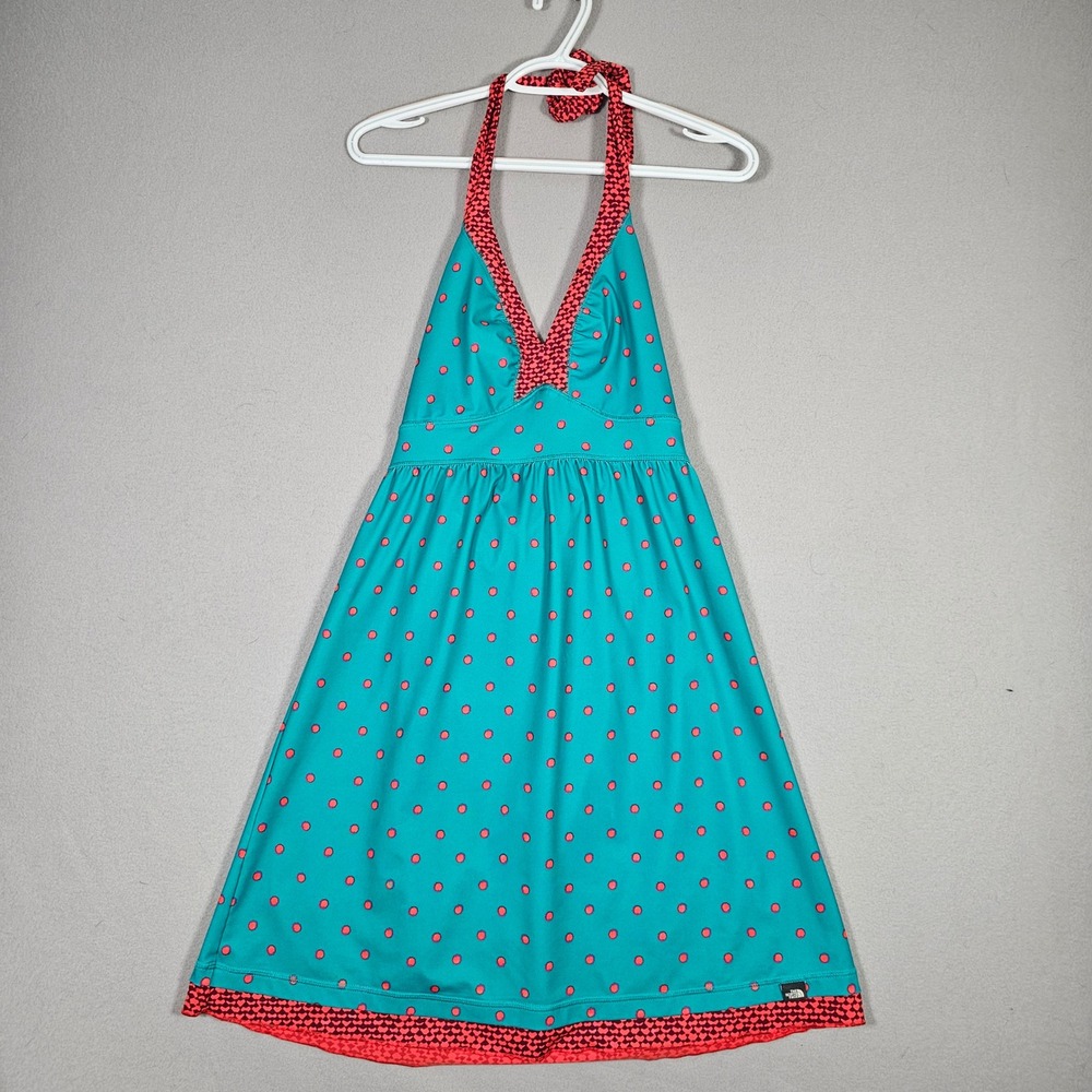 The North Face Teal Polka Dot Halter Dress V-Neck Red Trim Sporty Summer Sz S